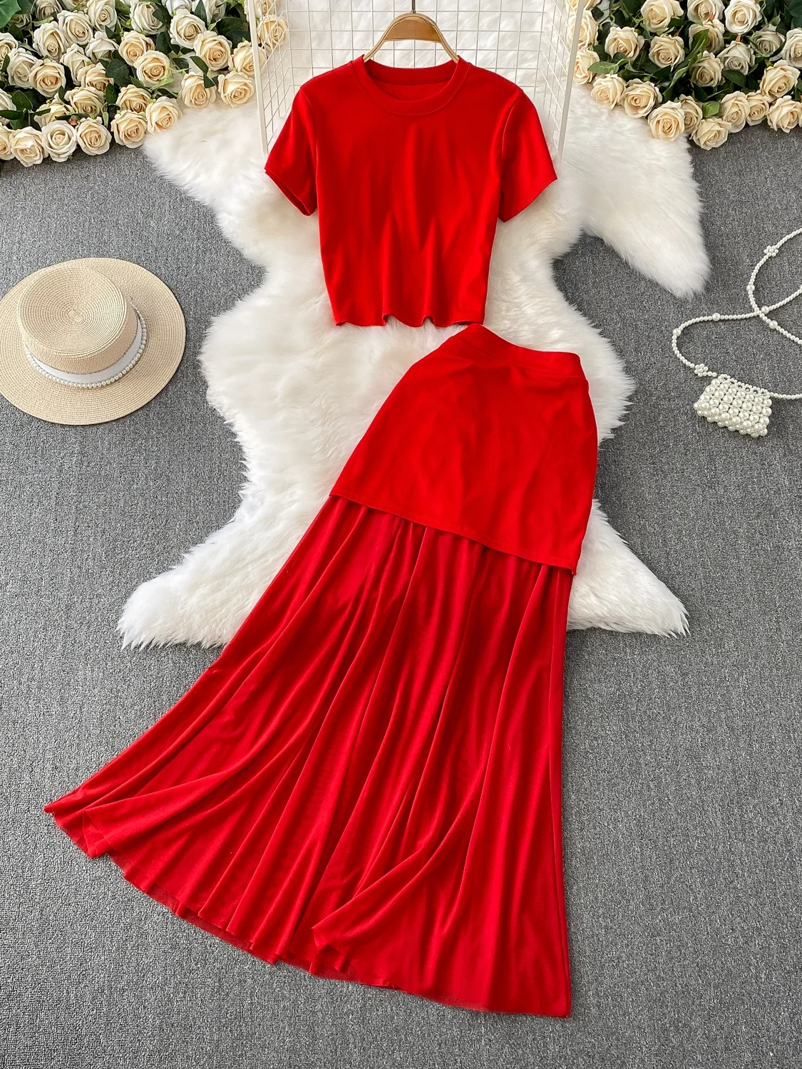 mat Color round Ne ort Sve T-irt Set Slimming Me Pleated Skirt Faionable Casual Women's Outfit
mat Color round Ne ort Sve T-irt Set Slimming Me Pleated Skirt Faionable Casual Women's Outfit