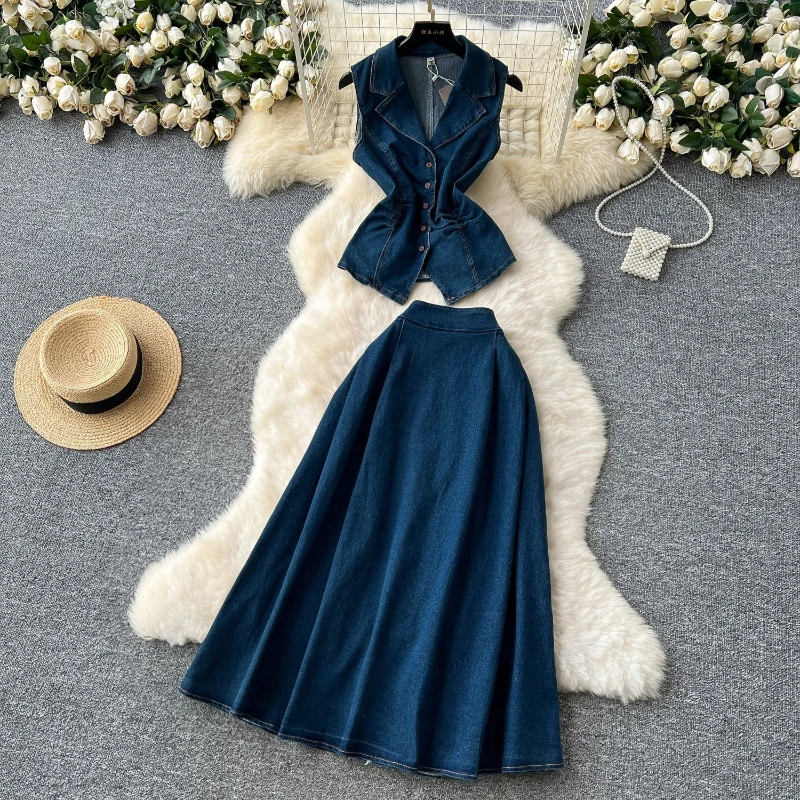 Women Two Piece Sets Denim Skirt Set Sleeveless turn Down Collar Tops Long Skirts A Line Elastic Waist Elegant Work summer 2026
Women Two Piece Sets Denim Skirt Set Sleeveless turn Down Collar Tops Long Skirts A Line Elastic Waist Elegant Work summer 2026