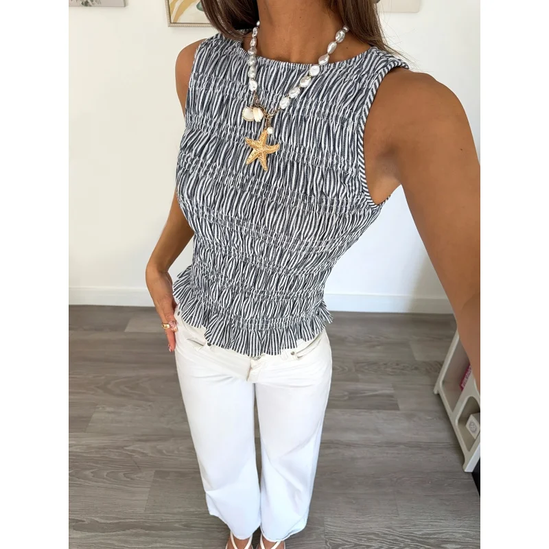 Ladies' Elegant Striped Sleeveless-Shirt with Ruffled Hem
Ladies' Elegant Striped Sleeveless-Shirt with Ruffled Hem