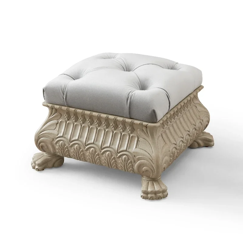 Vintage carved wood ottoman with tufted pads, luxury classic ottoman for elegant home furnishings in the living room
Vintage carved wood ottoman with tufted pads, luxury classic ottoman for elegant home furnishings in the living room
