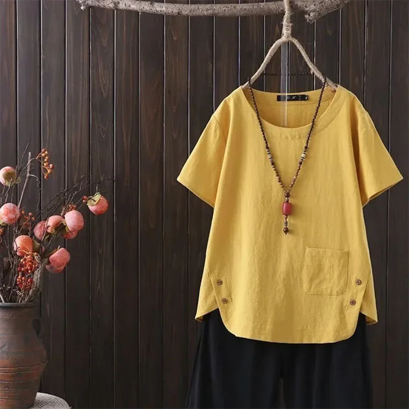 Oversized Women Vintage Cotton Hemp T-shirt Summer New Short Sleeve Pockets Top Female Solid Thin Fashion Casual Tees E7291
Oversized Women Vintage Cotton Hemp T-shirt Summer New Short Sleeve Pockets Top Female Solid Thin Fashion Casual Tees E7291