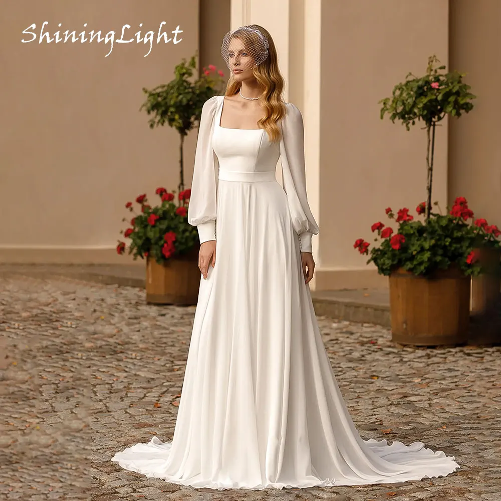 ShiningLight Long Sleeve A-Line Wedding Dresses Square Neck Ivory Chiffon Boho Bridal Gown vestido de novia sencillos Customized
ShiningLight Long Sleeve A-Line Wedding Dresses Square Neck Ivory Chiffon Boho Bridal Gown vestido de novia sencillos Customized