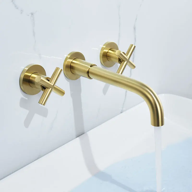 Bathroom Basin Faucet Brushed Gold Wall Mounted Brass Dual Handle Mixer Tap Hot And Cold Water Bathroom Bath Faucet Set
Bathroom Basin Faucet Brushed Gold Wall Mounted Brass Dual Handle Mixer Tap Hot And Cold Water Bathroom Bath Faucet Set