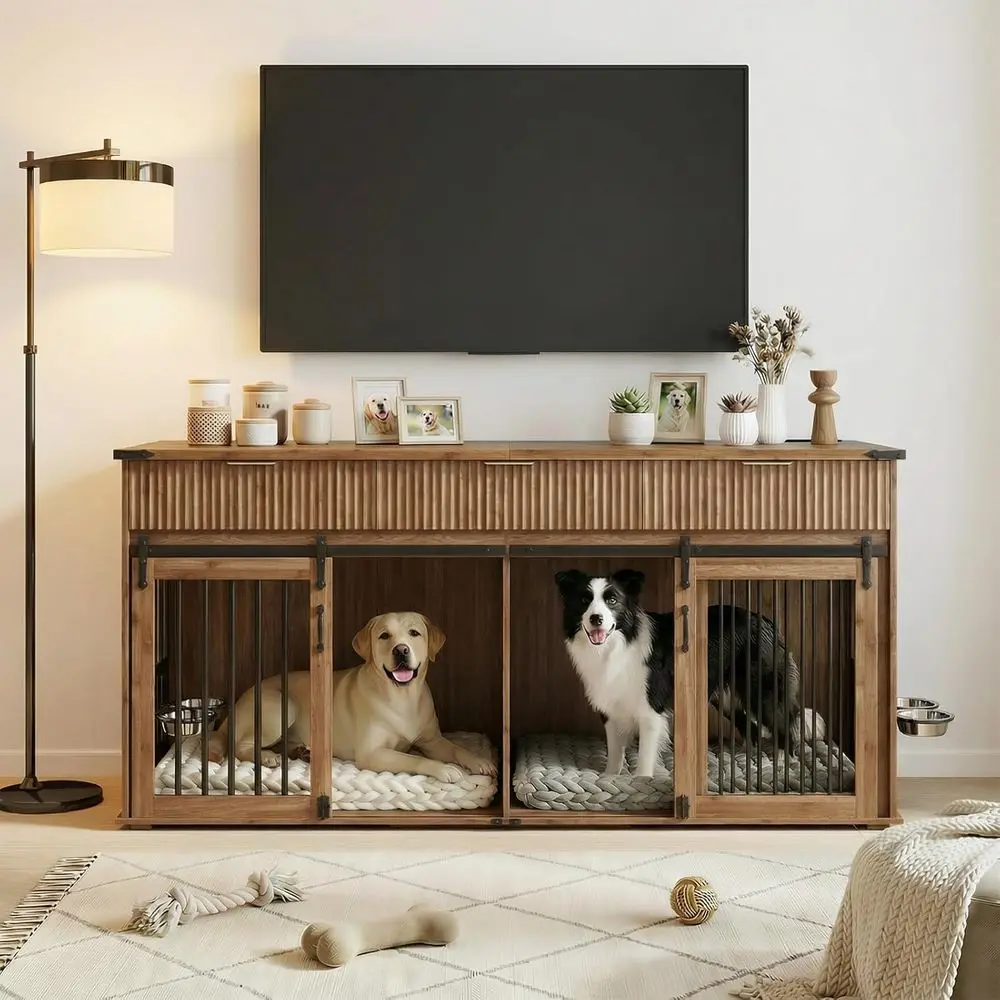 Double Dog Wooden Crate Furniture with Removable Divider, 360° Feeder, 3 Drawers, Charging Station, TV Stand or Side Table (Waln
Double Dog Wooden Crate Furniture with Removable Divider, 360° Feeder, 3 Drawers, Charging Station, TV Stand or Side Table (Waln