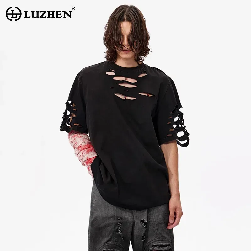 LUZHEN 2025 Summer Personalized Streetwear Men Trendy Hollow Out Design Short Sleeve T-shirts Solid Color Loose Male Tops JY1863 
LUZHEN 2025 Summer Personalized Streetwear Men Trendy Hollow Out Design Short Sleeve T-shirts Solid Color Loose Male Tops JY1863