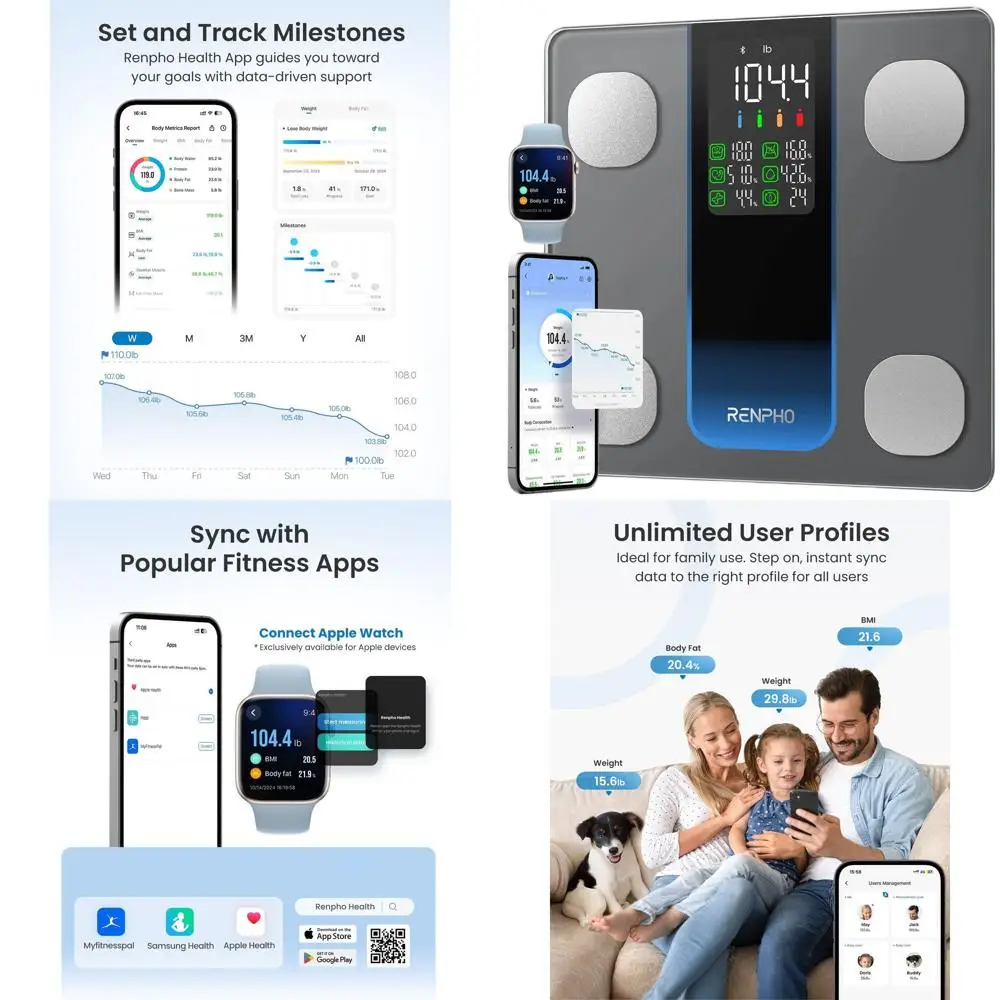Bluetooth-весы для анализа состава тела - 7 функций в 1, большой дисплей, грузоподъемность 500 фунтов, 11.8 дюймов
Bluetooth-весы для анализа состава тела - 7 функций в 1, большой дисплей, грузоподъемность 500 фунтов, 11.8 дюймов