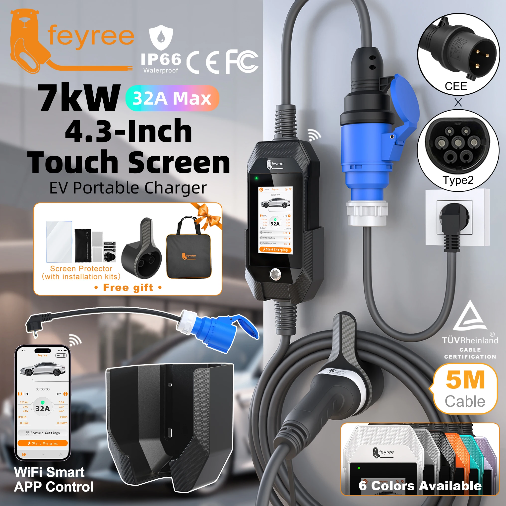 feyree 4.3 Inch Touch Screen Portable 7kW EV Charger Type2 Charging Plug with Smart Wifi APP AC Home Charger Professional Design
feyree 4.3 Inch Touch Screen Portable 7kW EV Charger Type2 Charging Plug with Smart Wifi APP AC Home Charger Professional Design