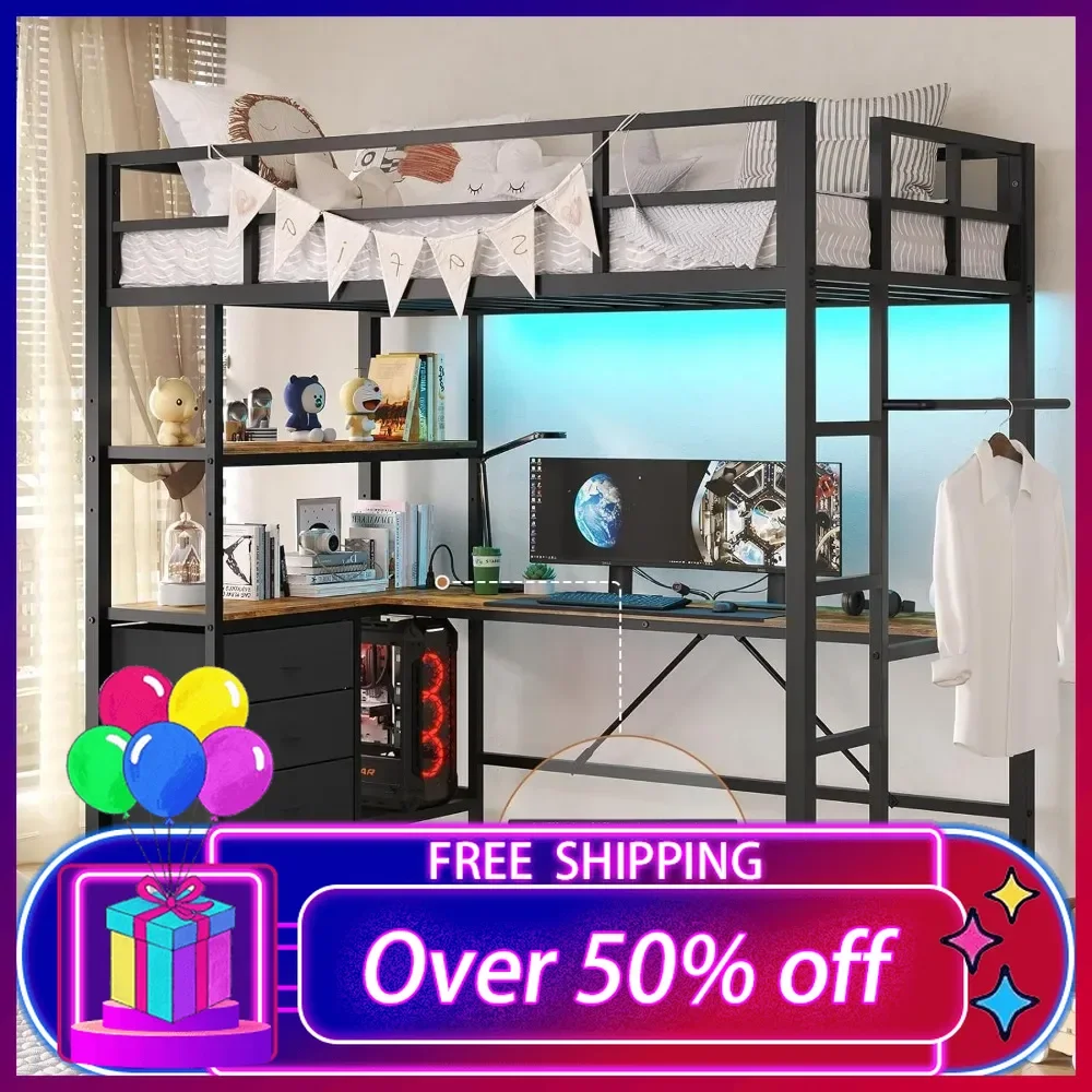 Twin Metal Loft Bed with L-Shaped Desk,Charging Station LED Loft Bed Frame Twin Size with 3 Storage Shelves and 3 Fabric Drawers
Twin Metal Loft Bed with L-Shaped Desk,Charging Station LED Loft Bed Frame Twin Size with 3 Storage Shelves and 3 Fabric Drawers