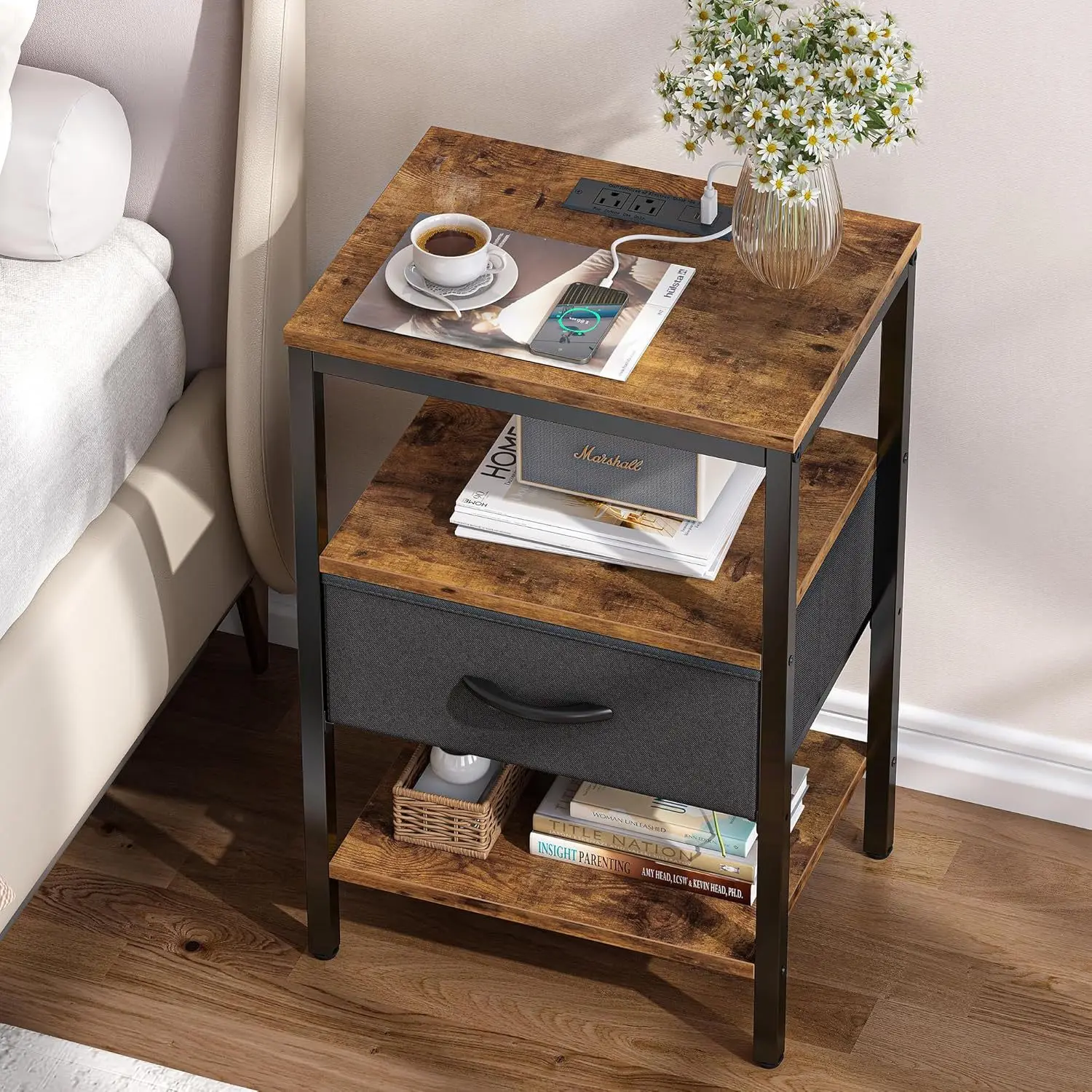 Foshan source factory bedside table with charging station with adjustable fabric drawer three-layer storage end table black
Foshan source factory bedside table with charging station with adjustable fabric drawer three-layer storage end table black