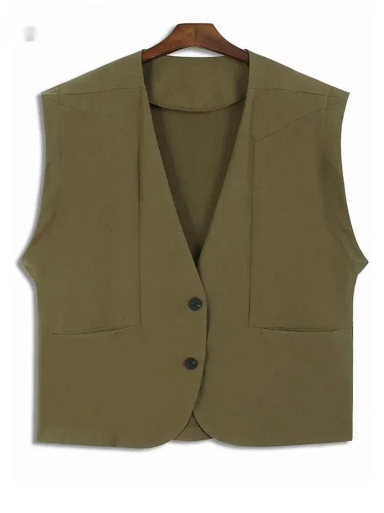 Women Khaki Single Breasted Pocket Big Size Elegant Vest New V-collar Sleeveless Fashion Tide Spring Autumn
Women Khaki Single Breasted Pocket Big Size Elegant Vest New V-collar Sleeveless Fashion Tide Spring Autumn