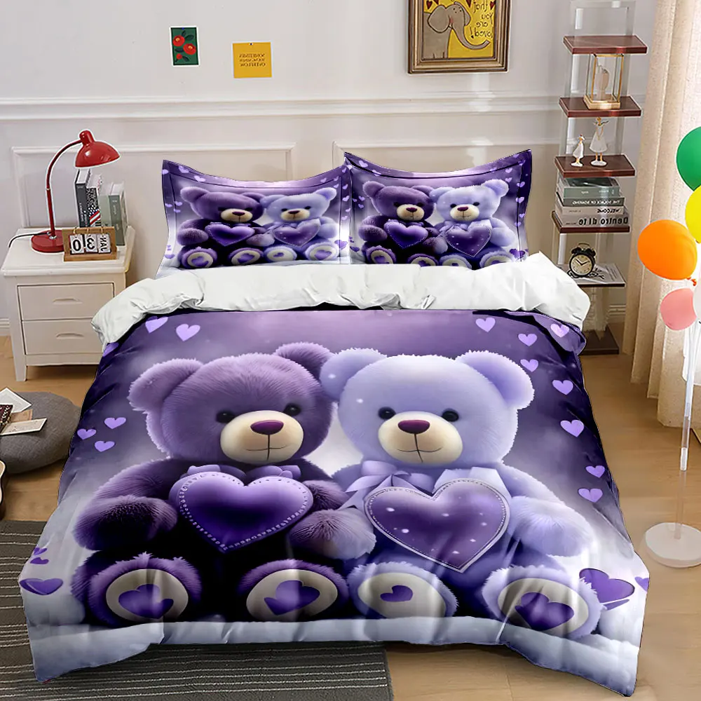 Purple romantic teddy bears with hearts Duvet Cover Set with 3D Printing Design Soft Polyester Bedding Set All-Season Comfort
Purple romantic teddy bears with hearts Duvet Cover Set with 3D Printing Design Soft Polyester Bedding Set All-Season Comfort