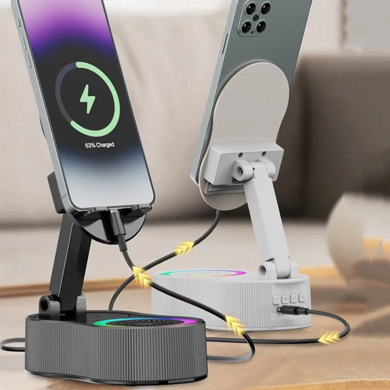 Модернизированная подставка для сотового телефона с индукционным Bluetooth-динамиком/банк питания/атмосферным светом, вращающимися индукционными держателями для телефона
Модернизированная подставка для сотового телефона с индукционным Bluetooth-динамиком/банк питания/атмосферным светом, вращающимися индукционными держателями для телефона