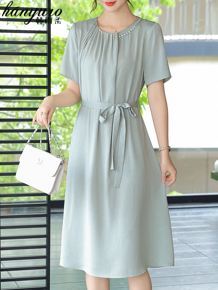 Elegant Mom Summer Dress Short Sleeve Midi Skirt Fashionable Loose Fit Polyester Blend round Neckline Korean Style Women's Dress
Elegant Mom Summer Dress Short Sleeve Midi Skirt Fashionable Loose Fit Polyester Blend round Neckline Korean Style Women's Dress