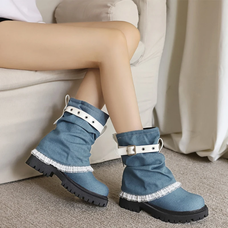 Lolita Style Sweet Lace Girls Ankle Boots Round Toe Platform Belt Buckle Chunky Middle Heels Pant Booties White Blue Denim Shoes
Lolita Style Sweet Lace Girls Ankle Boots Round Toe Platform Belt Buckle Chunky Middle Heels Pant Booties White Blue Denim Shoes