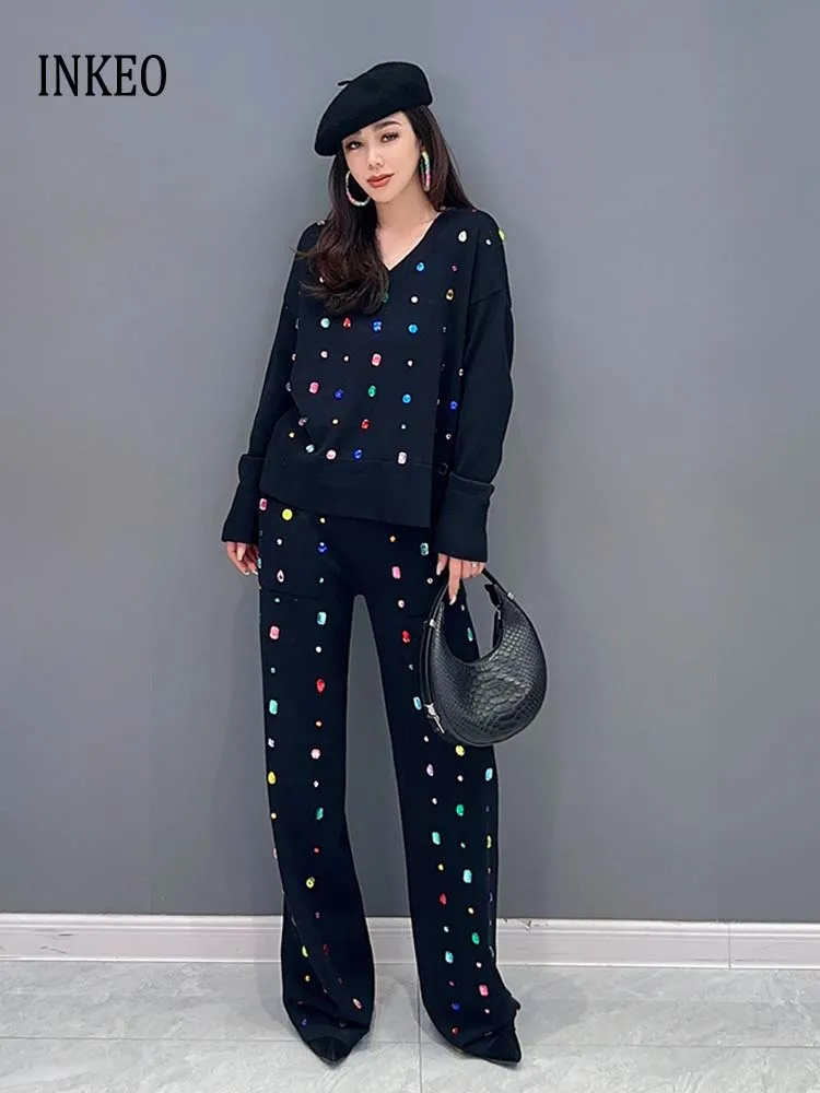 Women knit 2 piece set 2024 Autumn winter Vintage Rhinestone sweater Long sleeve pullover knit tops and High waist pants 4T213
Women knit 2 piece set 2024 Autumn winter Vintage Rhinestone sweater Long sleeve pullover knit tops and High waist pants 4T213
