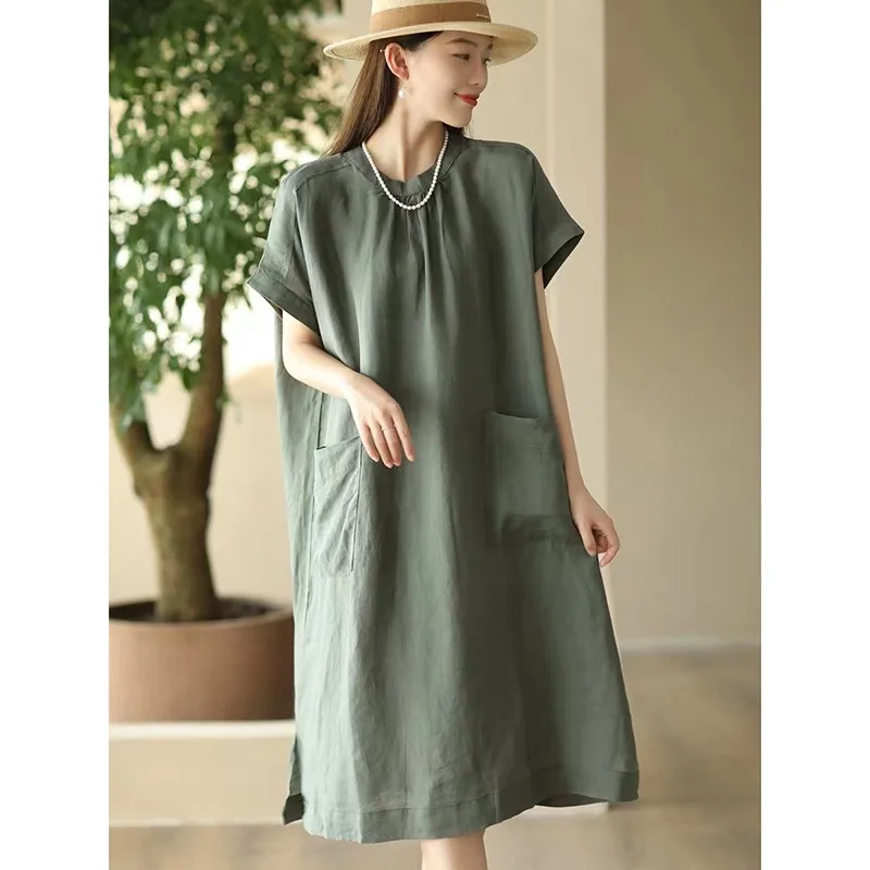 New Spring Summer Arts Style Women Short Sleeve O-neck Loose Knee-length Dress Double Pockets Cotton Linen Casual Dresses
New Spring Summer Arts Style Women Short Sleeve O-neck Loose Knee-length Dress Double Pockets Cotton Linen Casual Dresses