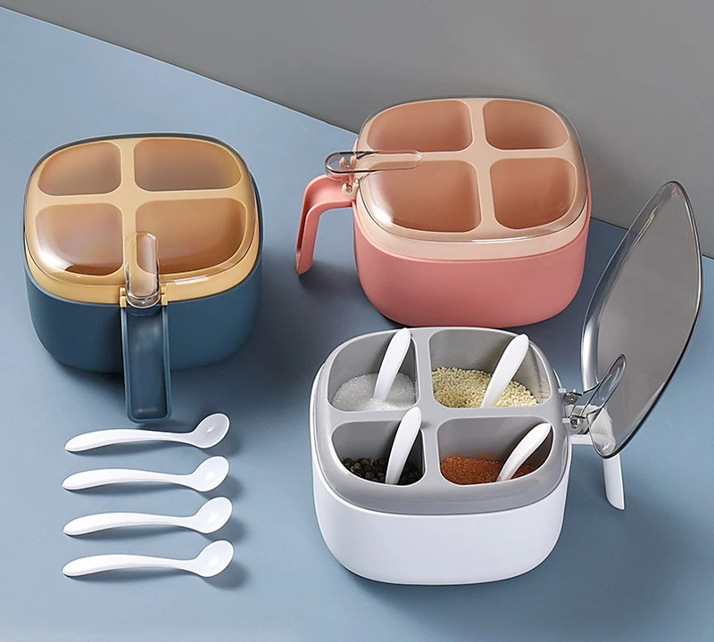 4-Compartment Spice Box with Transparent Lid & Spoon Push-Button Dispenser for Salt MSG Kitchen Storage
4-Compartment Spice Box with Transparent Lid & Spoon Push-Button Dispenser for Salt MSG Kitchen Storage