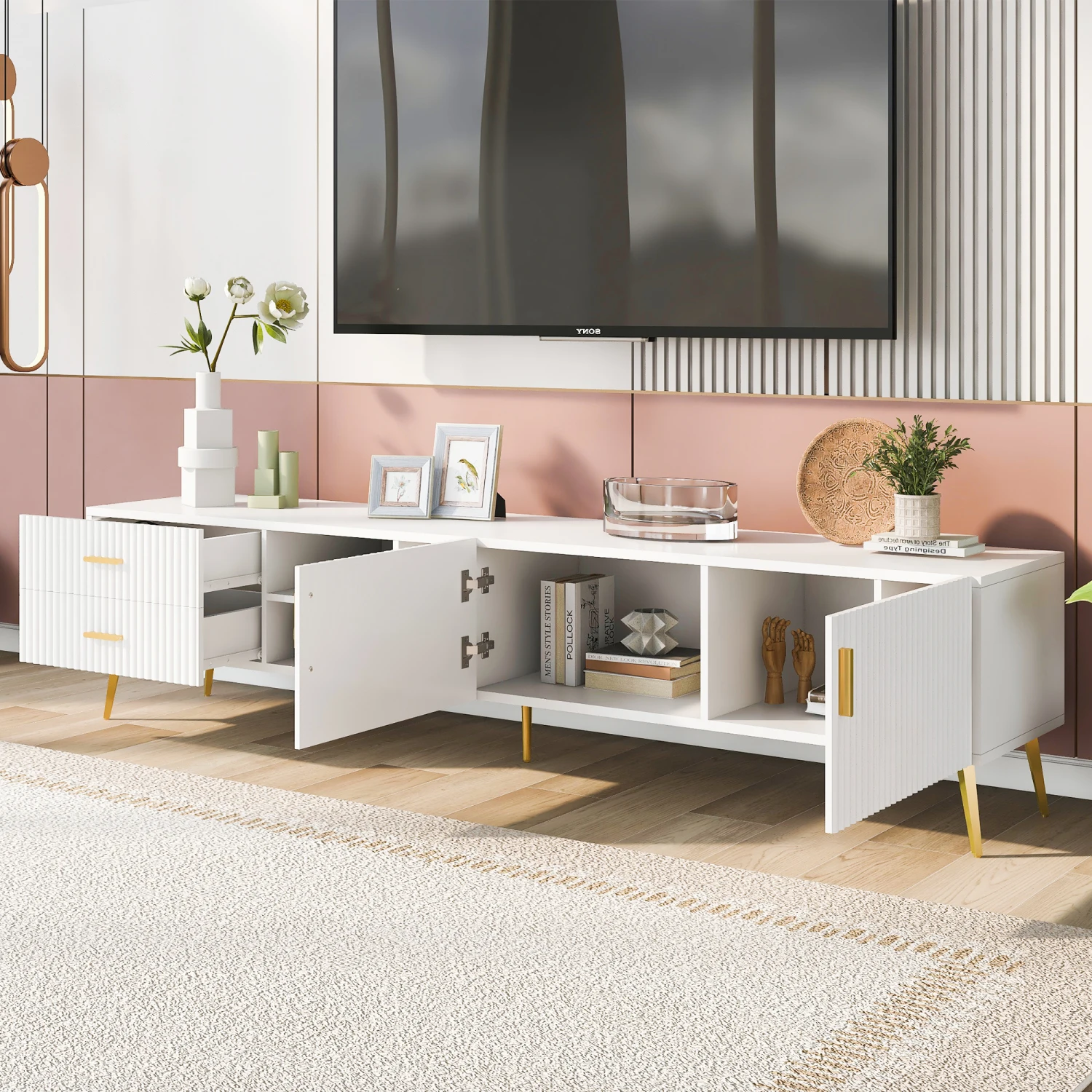 U-Can TV Stand with 5 Champagne Legs - Durable, Stylish, Spacious, Versatile Storage for TVs up to 77" (White)
U-Can TV Stand with 5 Champagne Legs - Durable, Stylish, Spacious, Versatile Storage for TVs up to 77" (White)