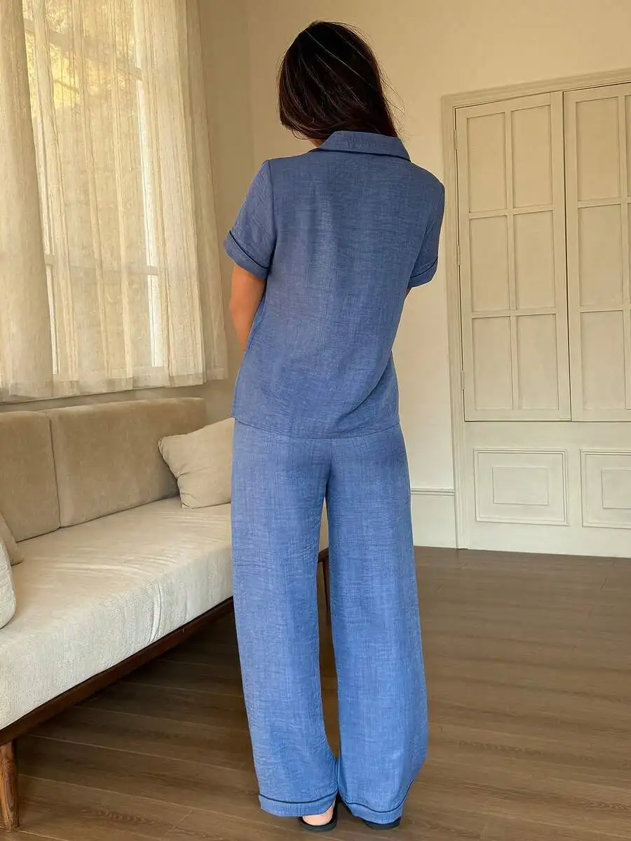 Womens Blue Short Sleeve Collar Pajama Set Wide Leg Pants
Womens Blue Short Sleeve Collar Pajama Set Wide Leg Pants