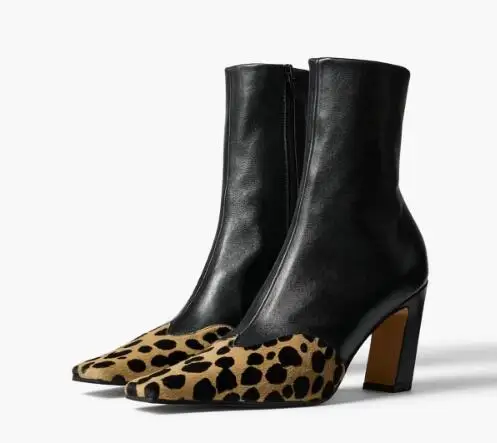 Leopard Horse Fur Black Leather Patchwork Square Toe Zipper Side High Heel Ankle Boots Women Block Heel Modern Short Booties
Leopard Horse Fur Black Leather Patchwork Square Toe Zipper Side High Heel Ankle Boots Women Block Heel Modern Short Booties