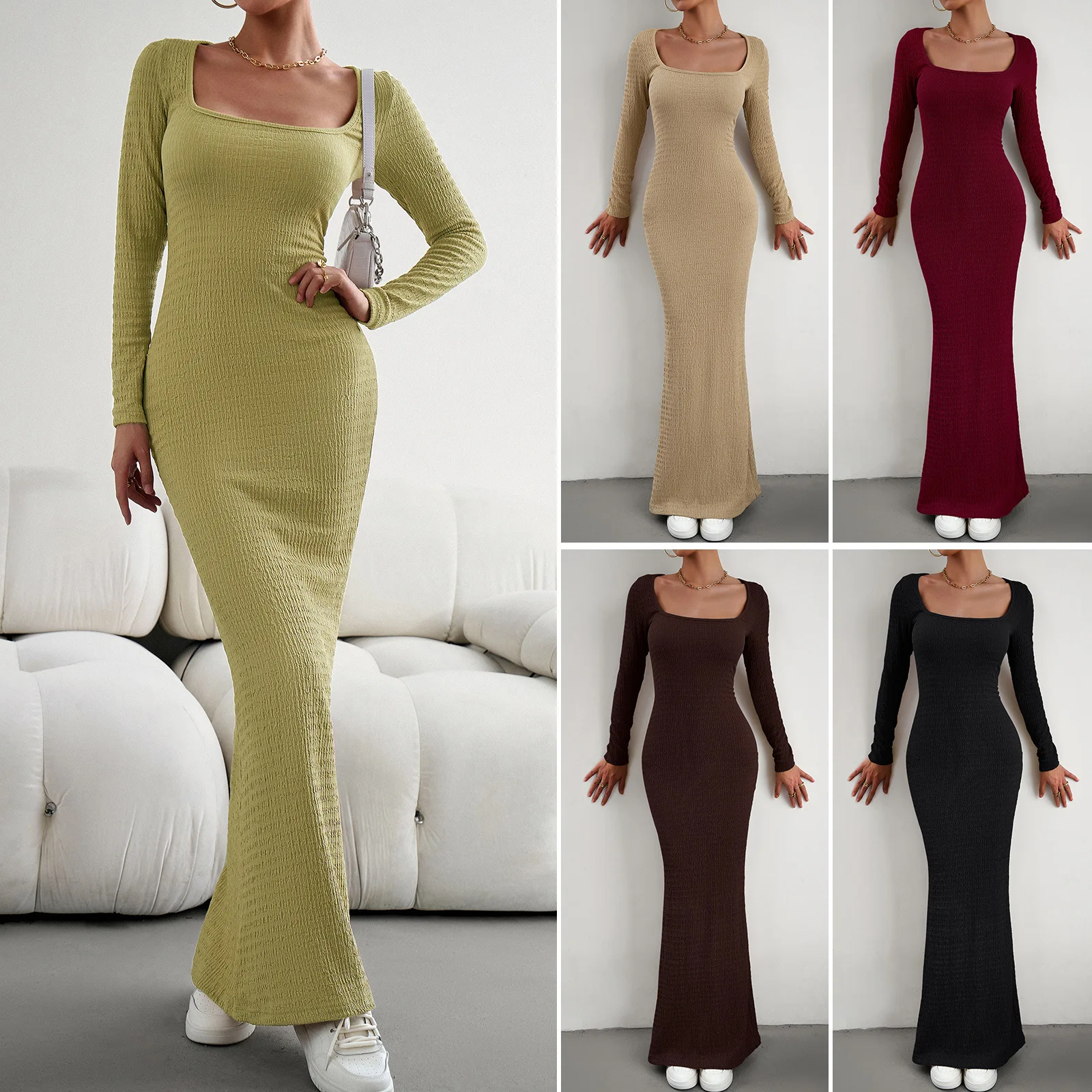 Women's Dress Spring Autumn Lady's Long Dress Solid Color Squar-neck Slim-fit Dress High Elasticity Elegant Office Laides Dress
Women's Dress Spring Autumn Lady's Long Dress Solid Color Squar-neck Slim-fit Dress High Elasticity Elegant Office Laides Dress