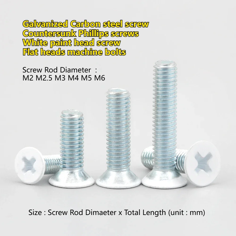 NSTWO M2 M2.5 M3 M4 M5 M6 Galvanized Carbon steel Countersunk Phillips screws White paint head screw Flat heads bolts Machine na
NSTWO M2 M2.5 M3 M4 M5 M6 Galvanized Carbon steel Countersunk Phillips screws White paint head screw Flat heads bolts Machine na