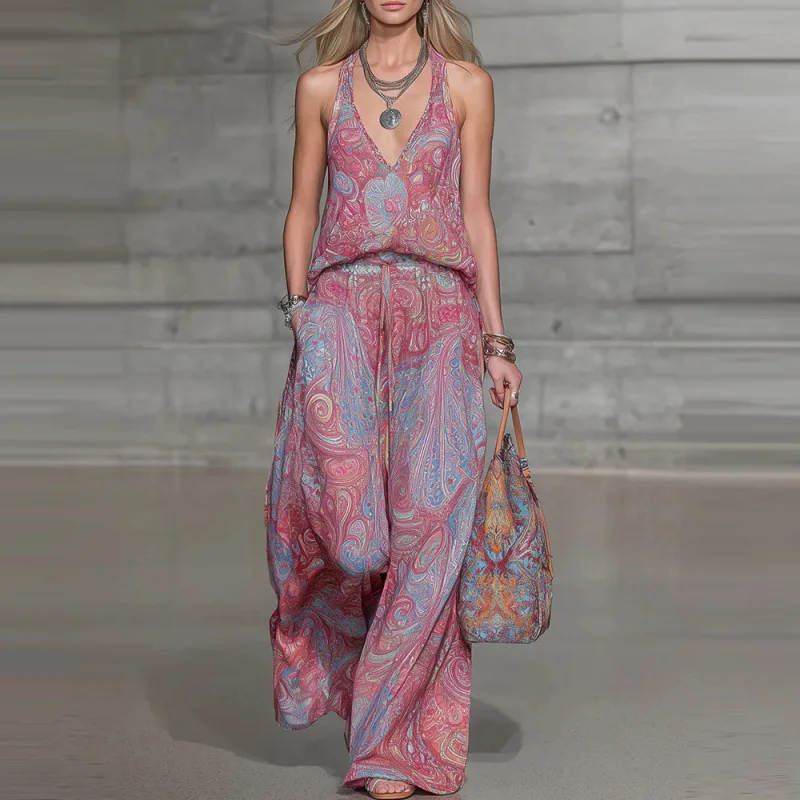 Women's Set 2026 Summer New Printed Fashion V-neck Sleeveless Chiffon Girls' Tank Top Pants Set Elegant Casual Hanging Neck Top
Women's Set 2026 Summer New Printed Fashion V-neck Sleeveless Chiffon Girls' Tank Top Pants Set Elegant Casual Hanging Neck Top
