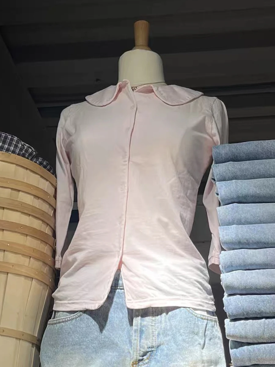 Розовая футболка с воротником Питера Пэна, блузка, женская осенняя хлопковая однобортная однобортная рубашка с коротким рукавом, тонкие рубашки в консервативном стиле, однотонные милые футболки
Розовая футболка с воротником Питера Пэна, блузка, женская осенняя хлопковая однобортная однобортная рубашка с коротким рукавом, тонкие рубашки в консервативном стиле, однотонные милые футболки