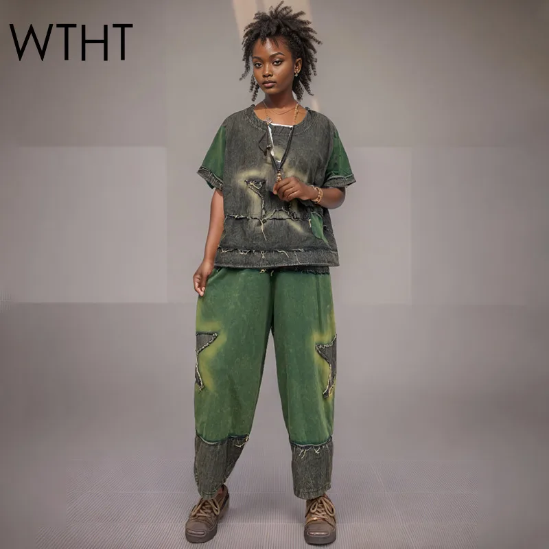 WTHT Vintage Trendy Women's Suits Spliced Denim Short Sleeves T-shirt Elastic Waist Harem Jeans Set Female 2025 Summer 1LS1678
WTHT Vintage Trendy Women's Suits Spliced Denim Short Sleeves T-shirt Elastic Waist Harem Jeans Set Female 2025 Summer 1LS1678