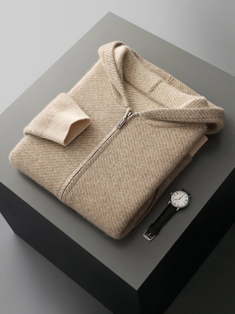 High Quality Autumn Winter 100% Merino Wool Knitted Sweater Men's Zipper Hooded Cardigan Wool Coat Thick Casual New Jacquard Top 
High Quality Autumn Winter 100% Merino Wool Knitted Sweater Men's Zipper Hooded Cardigan Wool Coat Thick Casual New Jacquard Top