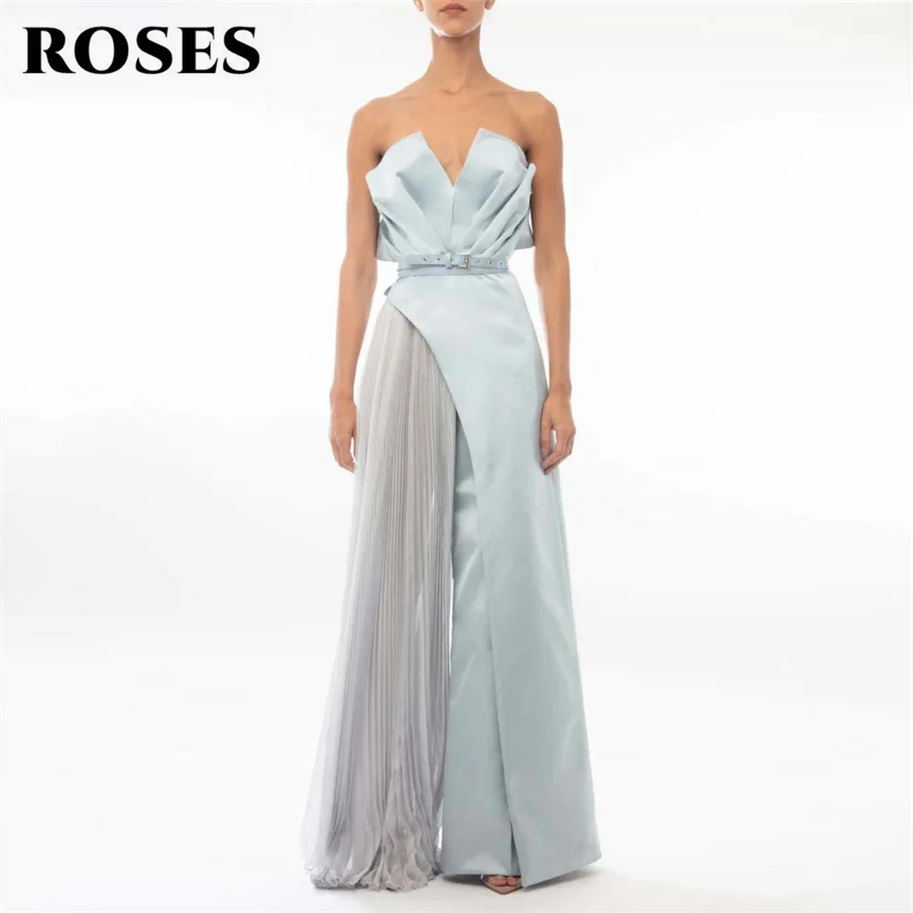 ROSES Light Blue Satin Party Dress Strapless Sleeveless فساتين السهرة A Line Night Dresses Unique Celebrity Dresses Customized
ROSES Light Blue Satin Party Dress Strapless Sleeveless فساتين السهرة A Line Night Dresses Unique Celebrity Dresses Customized