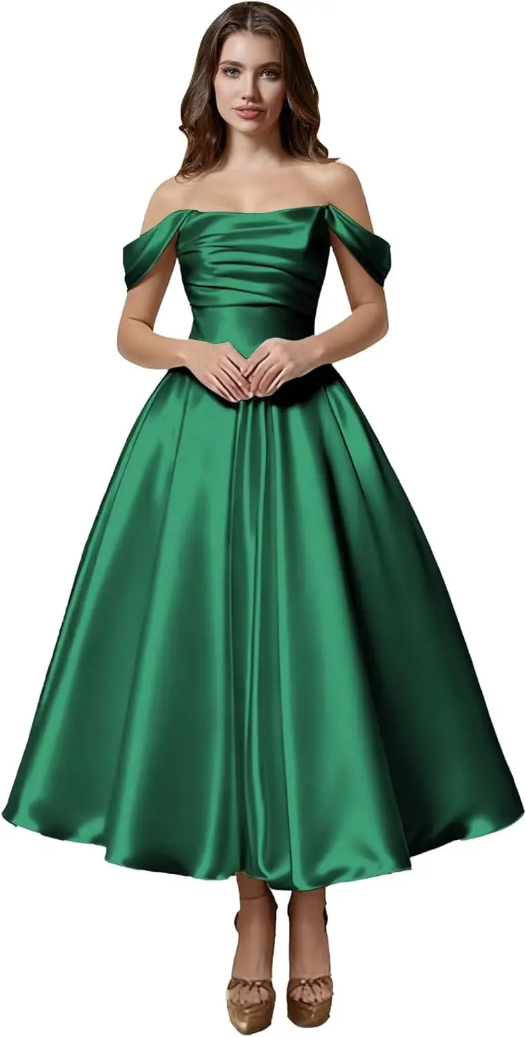 Simple Wedding Party Dresses Women's Off Shoulder Wedding Dresses for Bride Tea Length Elegant A Line Satin Prom Bridal Dress
Simple Wedding Party Dresses Women's Off Shoulder Wedding Dresses for Bride Tea Length Elegant A Line Satin Prom Bridal Dress