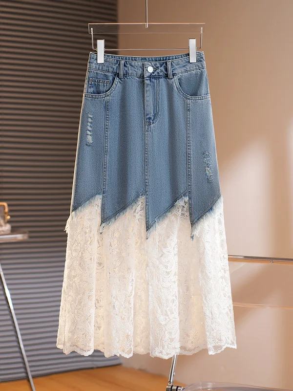 High Waist Midi Skirt Lace Patchwork Denim Women's Fashion Design Summer New Asymmetrical A-Line Skirts Polyester Fiber
High Waist Midi Skirt Lace Patchwork Denim Women's Fashion Design Summer New Asymmetrical A-Line Skirts Polyester Fiber