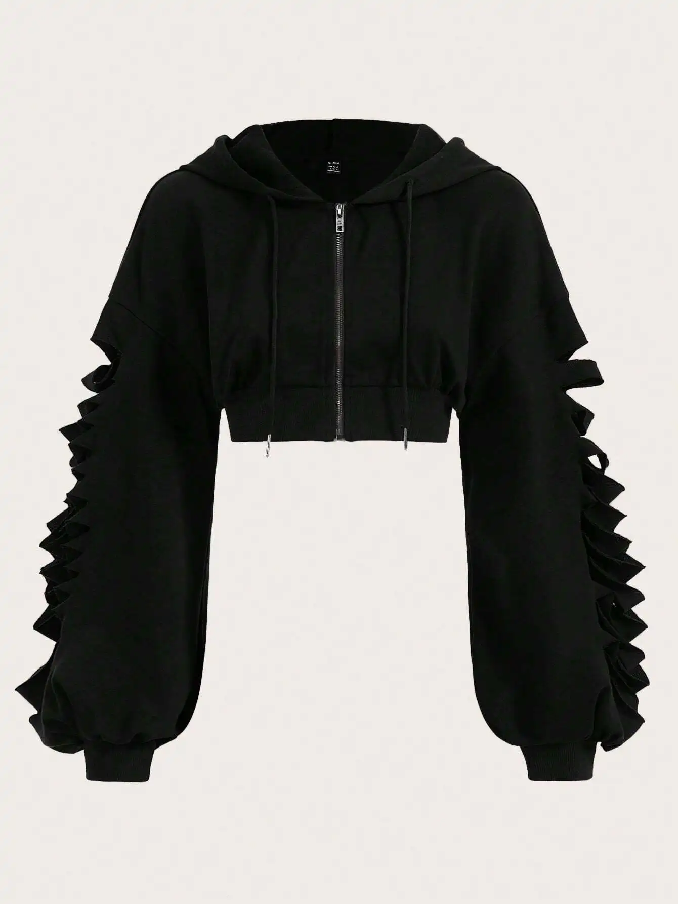 Black Ruffle Sleeve Crop Hoodie with Zip Front, Drop Shoulder, Drawstring Hood for Fall Winter
Black Ruffle Sleeve Crop Hoodie with Zip Front, Drop Shoulder, Drawstring Hood for Fall Winter