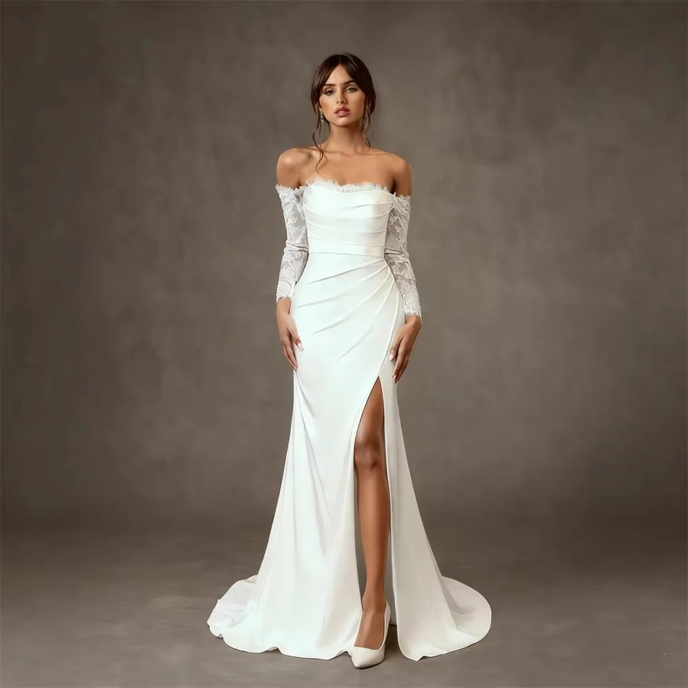 Elegant Off Shoulder Long Wedding Dresses Mermaid Ruched Lace Bride Dress Civil Wedding Flowing Train Party Gowns Customized
Elegant Off Shoulder Long Wedding Dresses Mermaid Ruched Lace Bride Dress Civil Wedding Flowing Train Party Gowns Customized