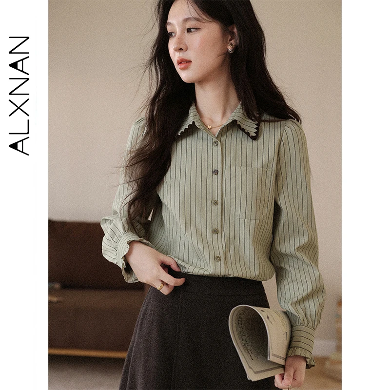 ALXNAN Women's Bean Green Striped Lapel Shirt Autumn Flower Button Office Lady Fashion Cotton Long Sleeve Chic Blouses L58023
ALXNAN Women's Bean Green Striped Lapel Shirt Autumn Flower Button Office Lady Fashion Cotton Long Sleeve Chic Blouses L58023
