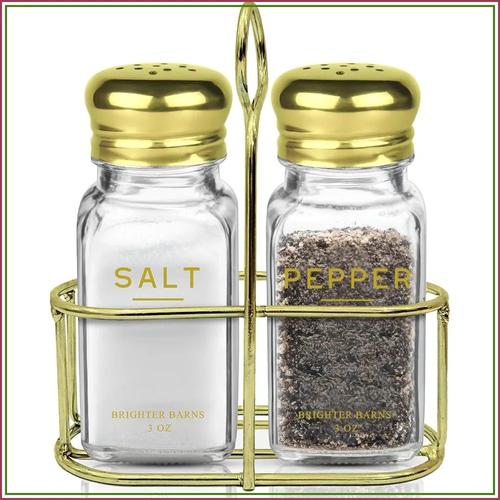Luxury Glass Salt & Pepper Shakers Set with Stand - Modern Kitchen Decor, Stainless Steel Lids, Clear/Gold
Luxury Glass Salt & Pepper Shakers Set with Stand - Modern Kitchen Decor, Stainless Steel Lids, Clear/Gold