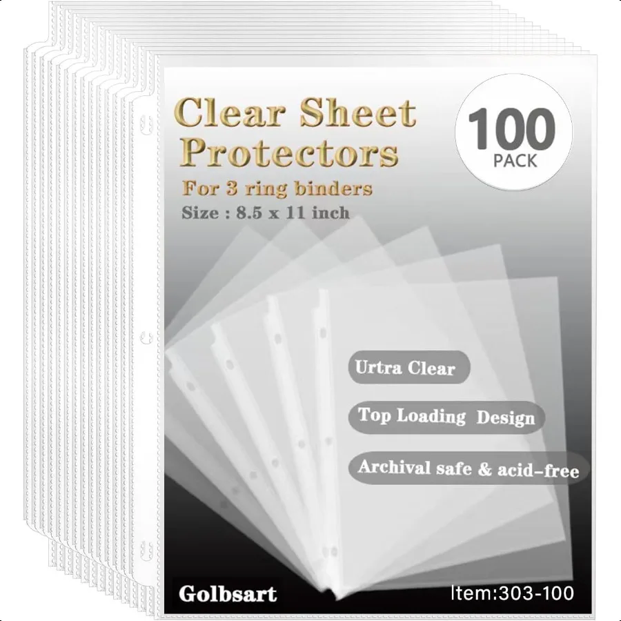Sheet Protectors 8.5 x11 Inch 100 Pack Page Protectors for 3 Ring Binder Top Loading Plastic Sleeves with Reinforced 3Hole Punc
Sheet Protectors 8.5 x11 Inch 100 Pack Page Protectors for 3 Ring Binder Top Loading Plastic Sleeves with Reinforced 3Hole Punc