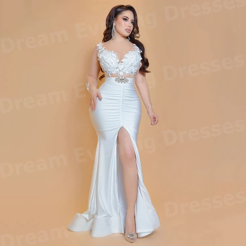 Elegant White Mermaid Women's Evening Dresses Long Sleeve Customized Appliques Prom Gowns Sexy Split Pleated Vestidos Para Mujer
Elegant White Mermaid Women's Evening Dresses Long Sleeve Customized Appliques Prom Gowns Sexy Split Pleated Vestidos Para Mujer