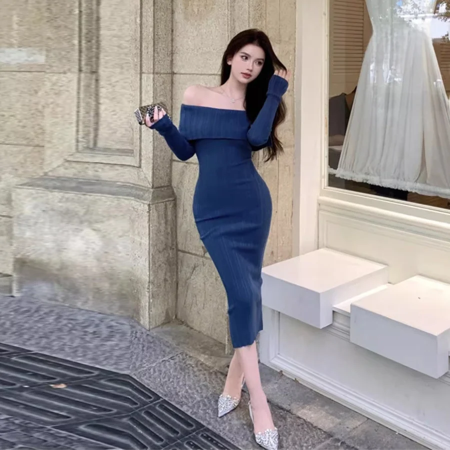 Sexy Knitted Long Dress Shoulder Bared One-Shoulder Wrap around Skirt Elastic Waist Daily Wear Polyester Fiber Long Sleeve
Sexy Knitted Long Dress Shoulder Bared One-Shoulder Wrap around Skirt Elastic Waist Daily Wear Polyester Fiber Long Sleeve