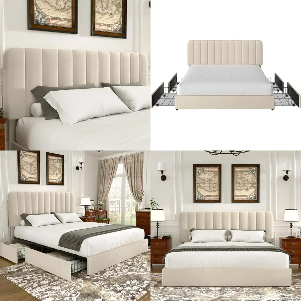 Upholstered Velvet Platform Bed with Storage, Wooden Slat Support, No Box Spring Needed, Beige
Upholstered Velvet Platform Bed with Storage, Wooden Slat Support, No Box Spring Needed, Beige