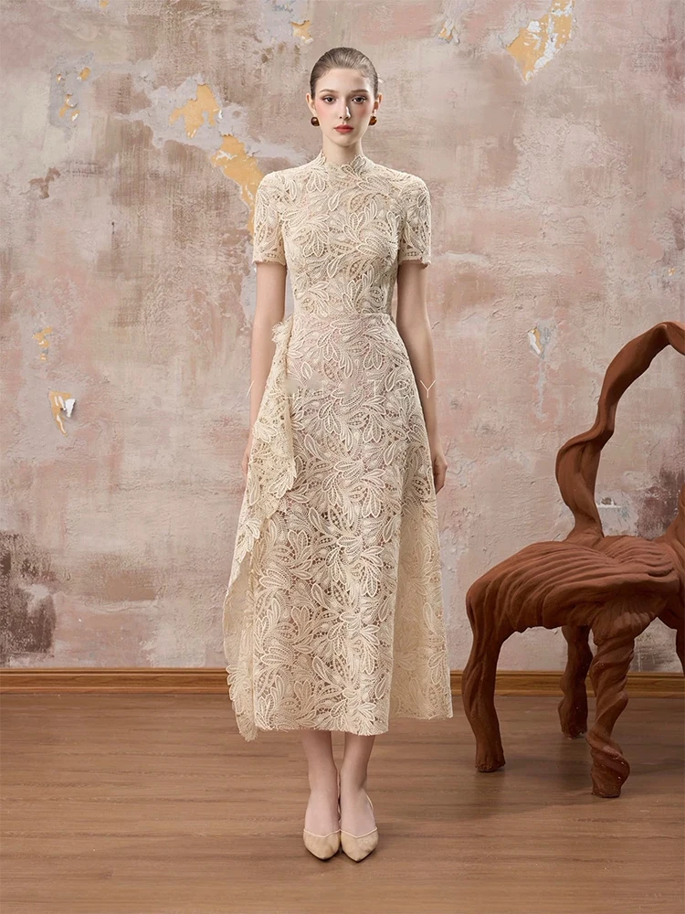 Elegant Short Sleeve Embroidered Lace Dress Women's High Waist A-Line Gown Vintage Style Zipper Closure Daily Wear Party Dress
Elegant Short Sleeve Embroidered Lace Dress Women's High Waist A-Line Gown Vintage Style Zipper Closure Daily Wear Party Dress