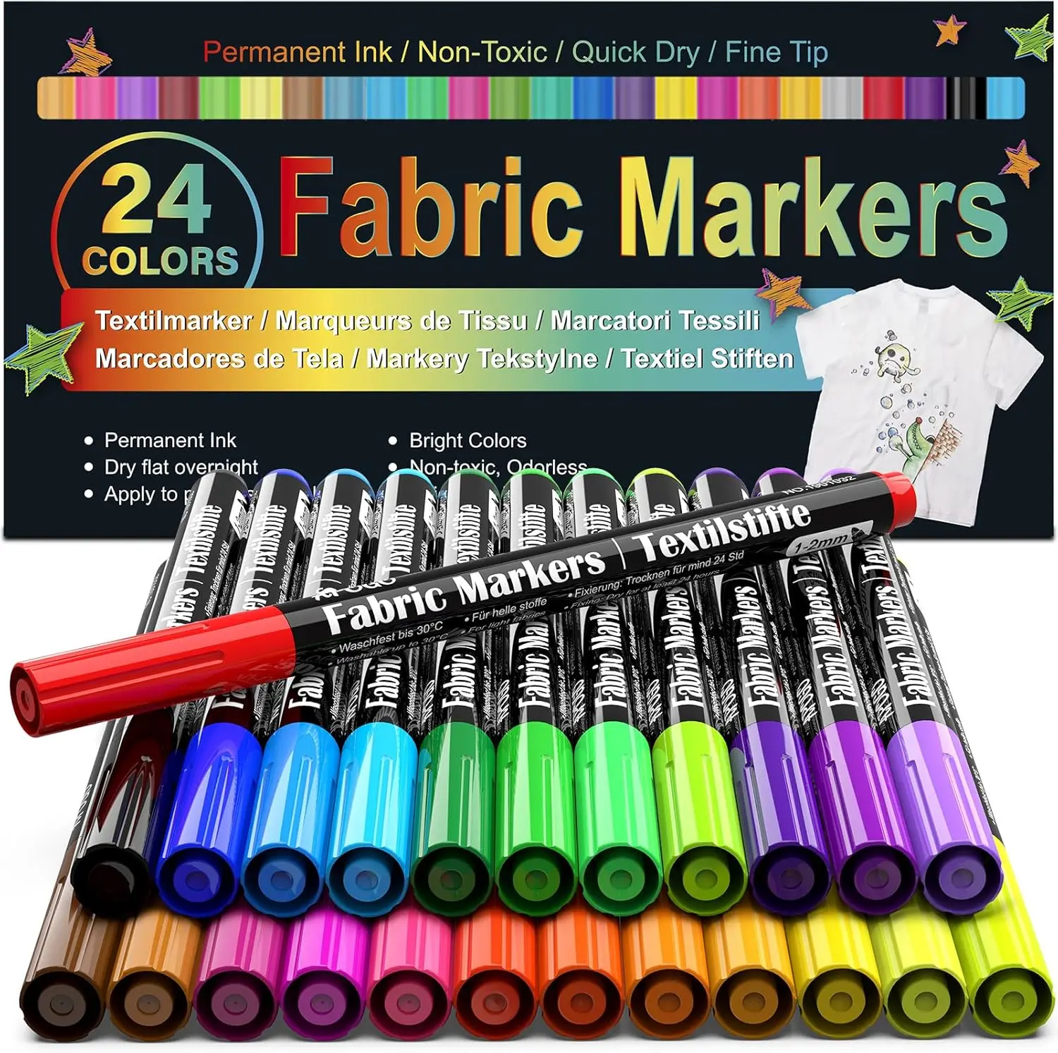24 Colors Fabric Markers Permanent for Clothes, Waterproof & Machine Washable, Fine Tip Paint Pens for T-Shirt, Canvas Shoes, Bags, Baby Onesies
24 Colors Fabric Markers Permanent for Clothes, Waterproof & Machine Washable, Fine Tip Paint Pens for T-Shirt, Canvas Shoes, Bags, Baby Onesies