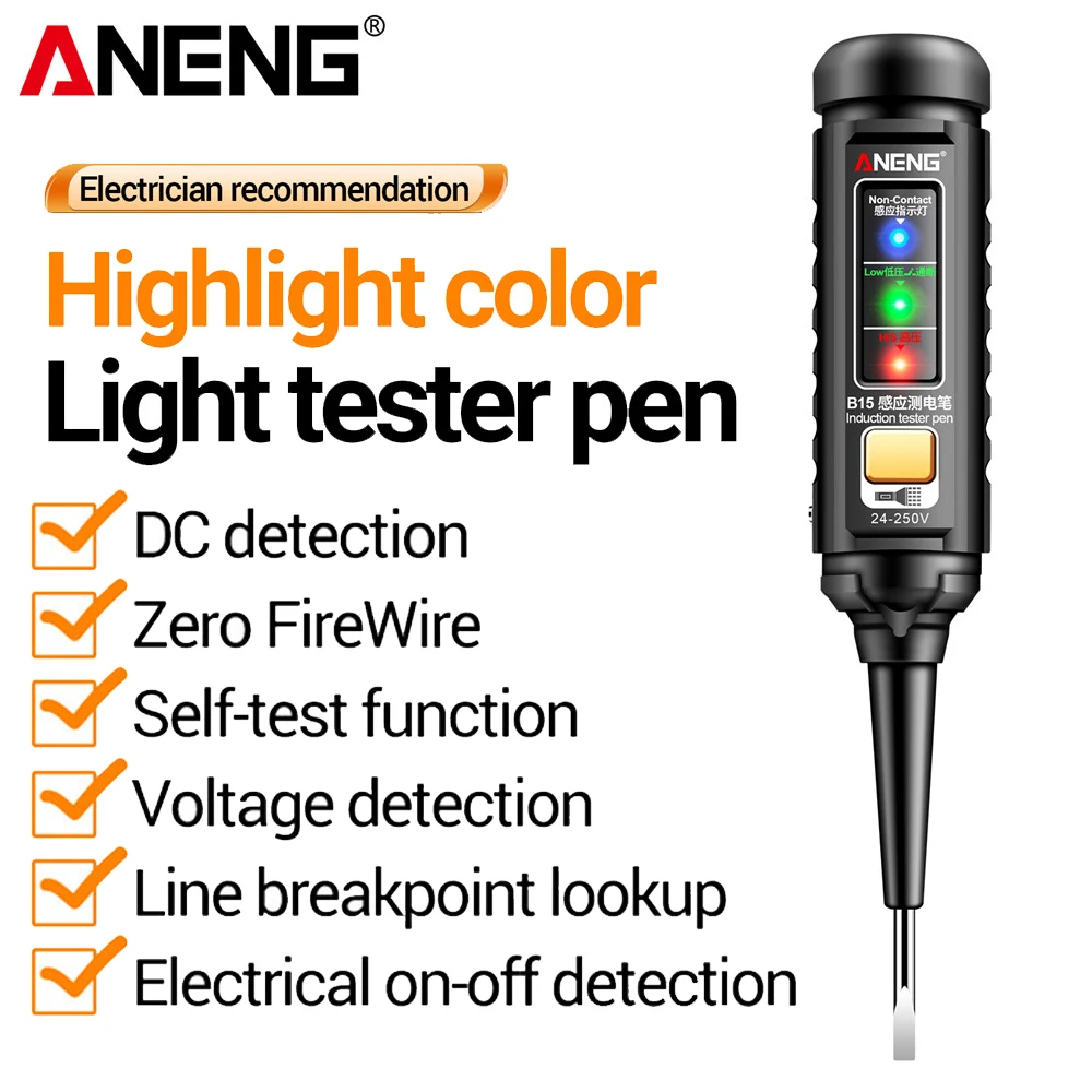 Highlight Color Indicator Light Screwdriver Tester Pen ANENG B15 24-250V Voltage Professional Electrician Induction Tester Tools
Highlight Color Indicator Light Screwdriver Tester Pen ANENG B15 24-250V Voltage Professional Electrician Induction Tester Tools