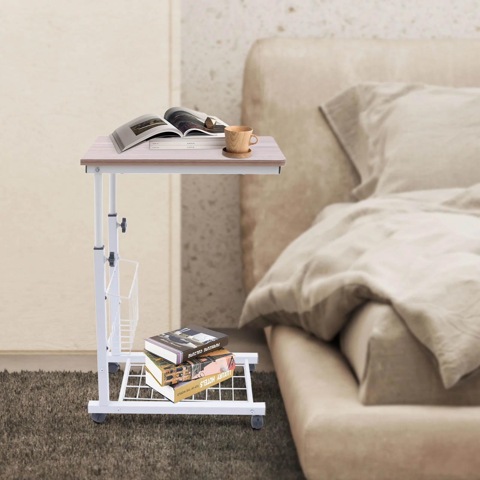 Белая столешница с подвижным краем дубового цвета со съемными и запираемыми универсальными колесами, регулируемый мобильный приставной столик для гостиной,
Белая столешница с подвижным краем дубового цвета со съемными и запираемыми универсальными колесами, регулируемый мобильный приставной столик для гостиной,