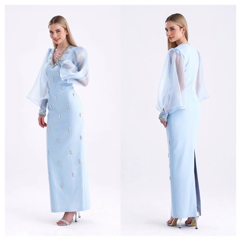 Customized Elegant Blue Jersey Evening Dress High Quality V-Neck Long Sleeves Party Dress Luxury Straight Celebrity G
Customized Elegant Blue Jersey Evening Dress High Quality V-Neck Long Sleeves Party Dress Luxury Straight Celebrity G