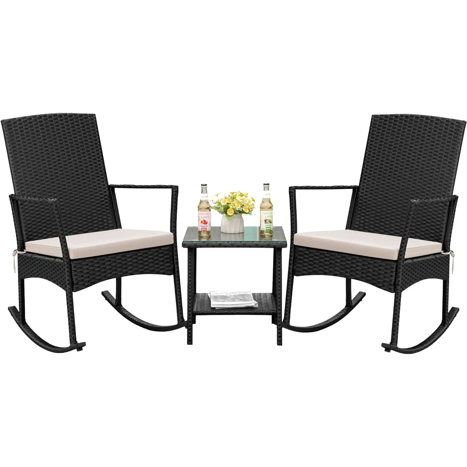 #Rocking Chair Outdoor PE Rattan Patio Chairs with Glass Table High Back Porch Rocker for Balcony, Garden, Backyard, Customized
#Rocking Chair Outdoor PE Rattan Patio Chairs with Glass Table High Back Porch Rocker for Balcony, Garden, Backyard, Customized