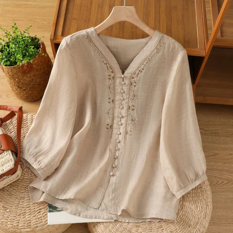 Women V Neck Embroidery Linen 3/4 Sleeve Loose Solid Color Casual Blouse Shirt
Women V Neck Embroidery Linen 3/4 Sleeve Loose Solid Color Casual Blouse Shirt