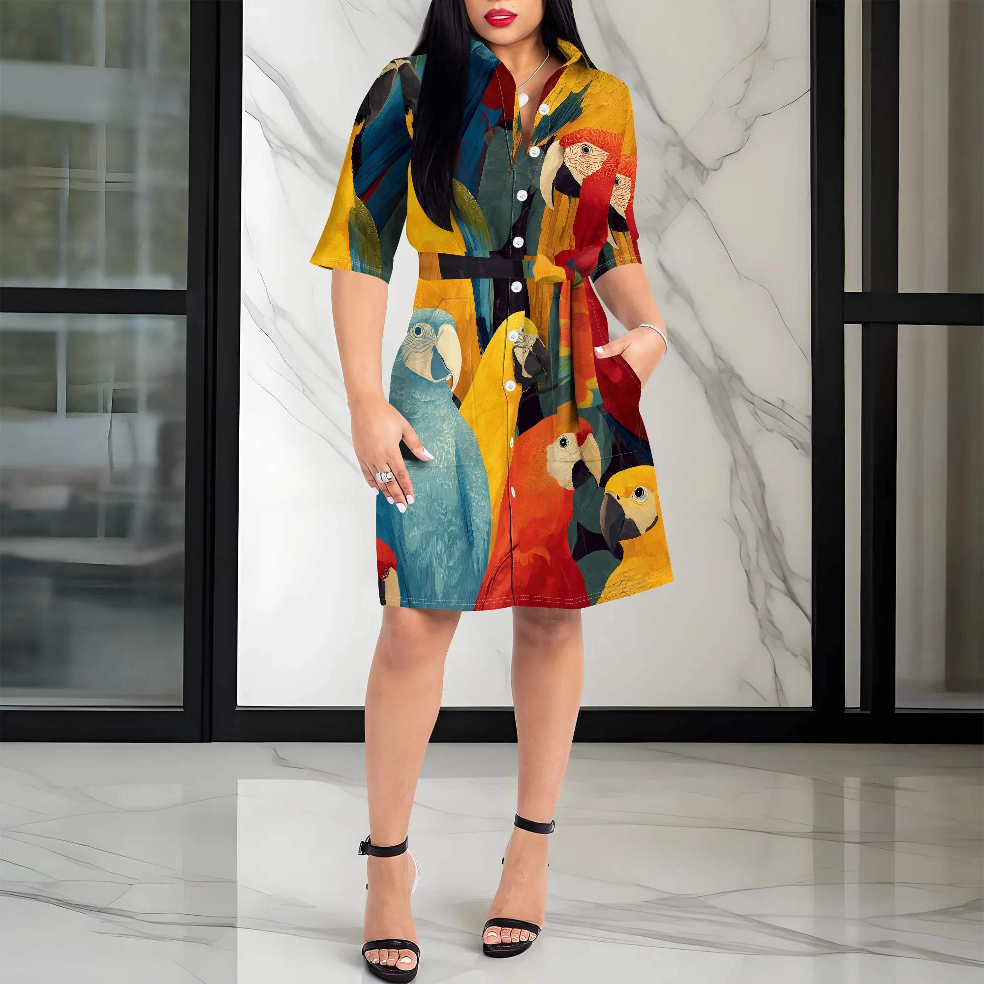 Women's Colorful Abstract Print Shirt Dress 2025 Artistic Belted Midi Dress Summer Casual Vacation Wear XS-3XL 
Women's Colorful Abstract Print Shirt Dress 2025 Artistic Belted Midi Dress Summer Casual Vacation Wear XS-3XL