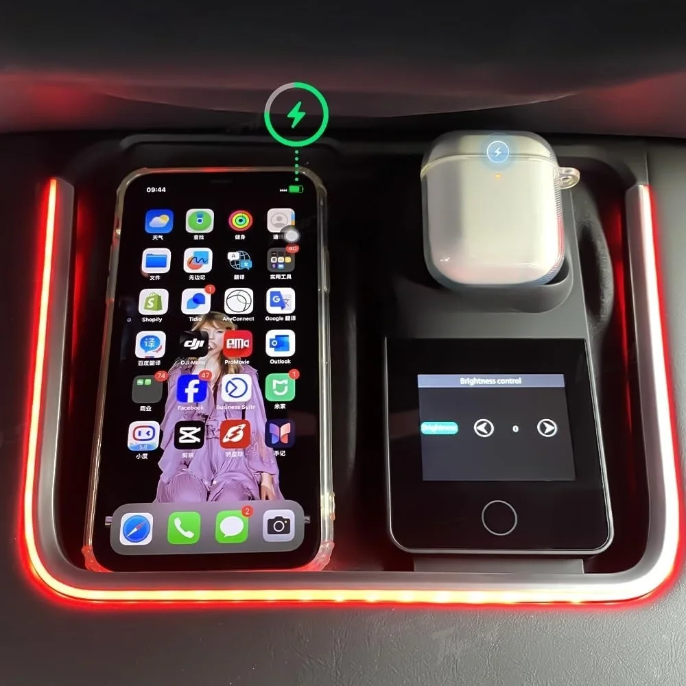 Wireless Charger for Tesla with RGB Colorful Ambient Lighting Car Center Console Interior for Tesla Model 3 / Model Y After 2021
Wireless Charger for Tesla with RGB Colorful Ambient Lighting Car Center Console Interior for Tesla Model 3 / Model Y After 2021